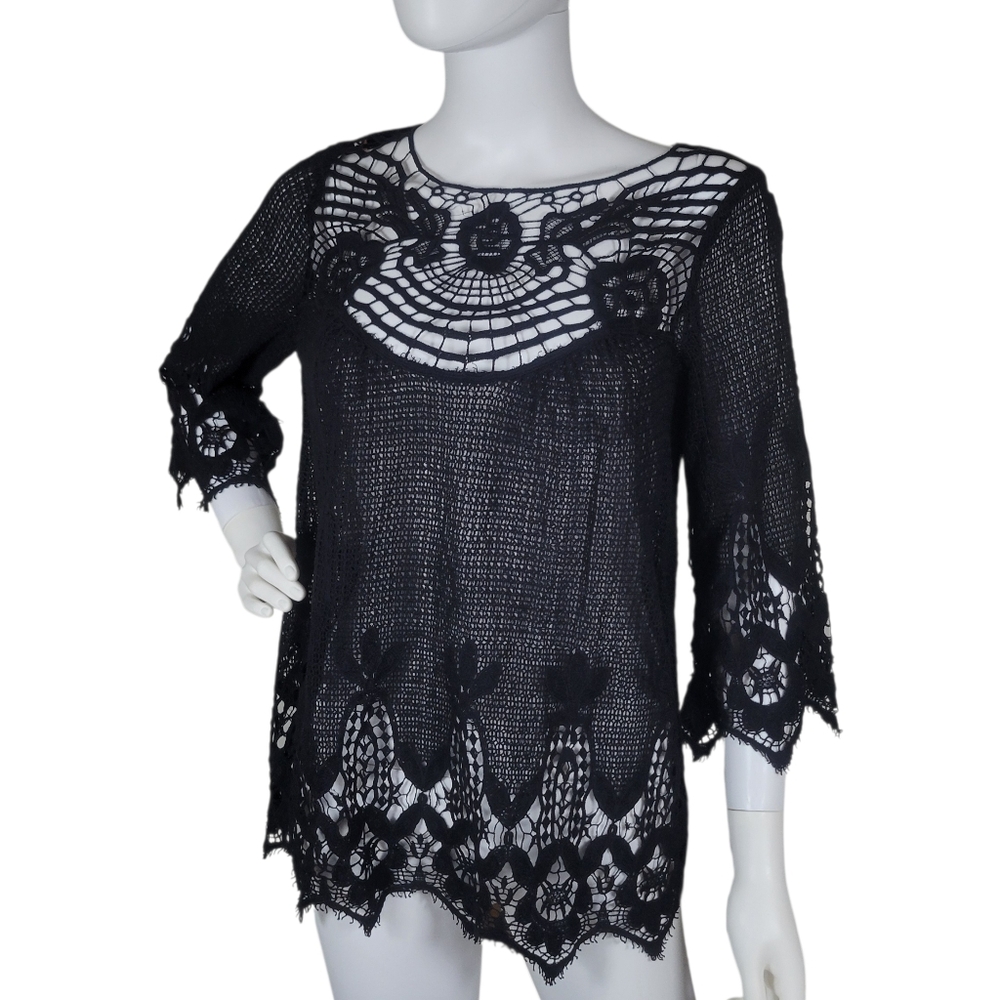 Soft Surroundings Crochet Knit Top Womens XS Black‎ Boho Goth Sheer Witchy Layer